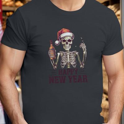 TEMU Big & Tall Men's Summer T-shirt - 'happy New Year' Skeleton Print, Casual Short Sleeve Tee, Breathable Polyester, Machine Washable, Plus Size Image