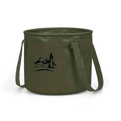 TEMU 1pc Olive Green Foldable Pvc Bucket With Mountain Landscape Design - Portable Water Storage For Camping, & , Outdoor Gear | Foldable Utility Bucket | , Camping Supplies Image