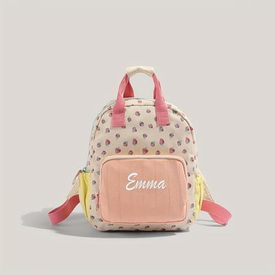 TEMU Customizable Strawberry Print Canvas Backpack - Personalized Name, Lightweight & Durable With Adjustable Straps, School, Travel, Beach, And Vacation Image
