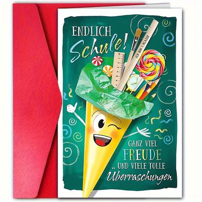 "TEMU 1pc Funny German Back-to-school Card With Envelope – " Schule!" Design, School-themed Illustrations, , Teachers, And Encouragement Gifts (12cm X 38cm)" Image
