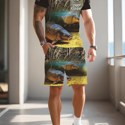 TEMU Men's Carp Fishing Pattern 3d Short Sleeve T-shirt And Shorts Set Image