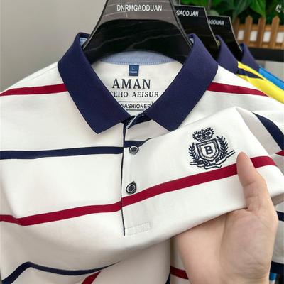 TEMU Crrtmaro Men's Short Sleeve Shirt - Summer Striped Embroidered Logo, Vibrant Yellow & Navy, Breathable Regular Fit Casual Button-up For Office & Leisure Image