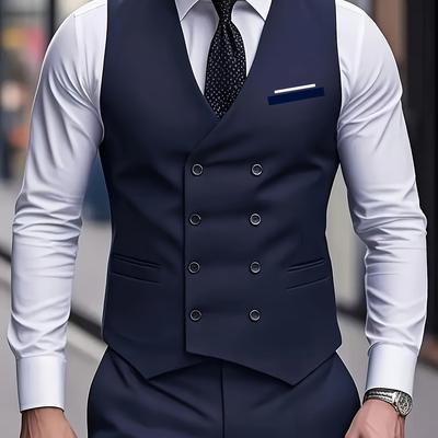 TEMU Men's Sleeveless Double-breasted Blazer Vest - Black, V-neck, Lightweight & Stylish For Business Or Formal Occasions Image