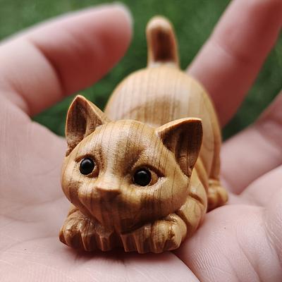 TEMU Hand-carved Wooden Kitten Statue - Lifelike Miniature Cat Decor, No Electricity Needed, Handcrafted Wood Art For Desk, Perfect Gift For Cat Lovers, Desk Ornament | Natural Finish | Smooth Texture Image