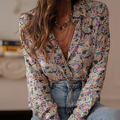 TEMU Women's Elegant Retro Floral Print Button-up Shirt - Long Sleeve Top With Classic Collar, Machine Washable Non-stretch Fabric For Casual & Formal Wear Image