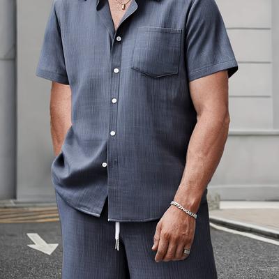 TEMU Large Size Men's Suit With Turned Collar, Short Sleeves, Single Patch Pocket, Open Button Shirt, Drawstring Crossbody Bag And Shorts In Casual Two-piece Set, Plus Size Image