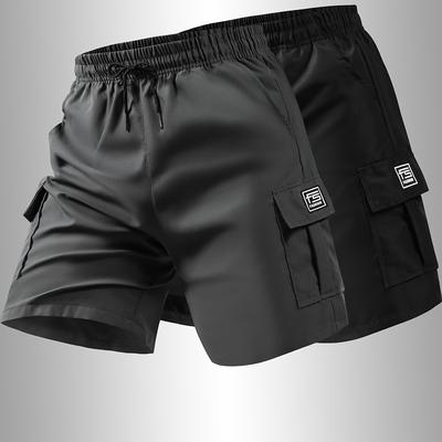 TEMU Set Of 's Cargo Shorts With Multiple Pockets - Featuring An Adjustable Drawstring Waist And Letter Prints, Made From Polyester Fabric, Hiking, Camping, , And Everyday Essentials. Image