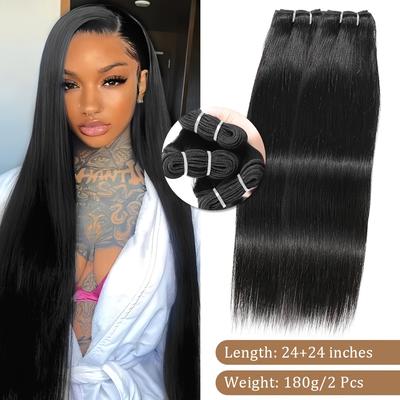 TEMU 16-32 Inch Straight Human Hair 1/2/3 Bundles Brazilian 100% Human Hair Double Weft Bundles Weave Extensions(1b#/613#) Image