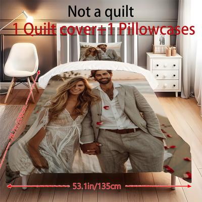 TEMU 3pcss Set Customized Couple Photo Bedding Set, 2/3pcss, Polyester 100%, Woven, Contemporary Style, Mixed Color, Machine Washable, With Zipper Closure, No Filling, For Bedroom And Camping Image