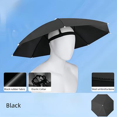 TEMU 1pc Adjustable Head-mounted Umbrella Hat For Fishing, Camping & Gardening - Windproof Abs Cap With Elastic Collar, Black, Compact Folding Design For , Camping Accessories Image