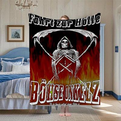 TEMU Glam Rock Bohse Onkelz Flannel Throw Blanket, Soft Warm, , Polyester 100%, 250-300 G/㎡, Digital Printing, Knitting, Mixed Color, For Bed, Sofa, Office, Outdoor, Home And Travel Image