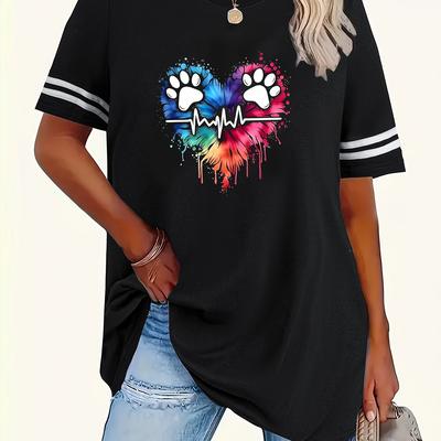 TEMU Plus Size Women's Casual T-shirt With Vibrant Heart & Paw - Short Sleeve, Round Neck, Lightweight & Stretchy, Top, Casual Wear | Vibrant Graphic Tee | , Plus Size Image