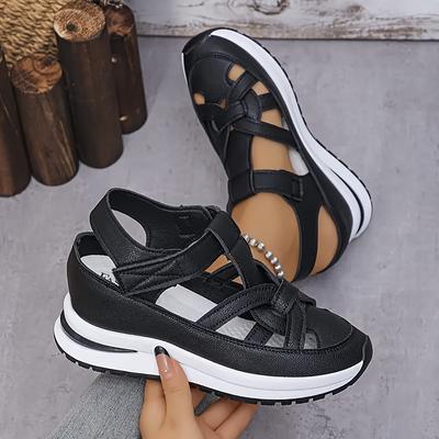 TEMU Women' Black Platform Sandals With Adjustable Straps - Comfortable, Low-heel, Round Toe Sneakers For Casual Wear, Casual Footwear | Platform Sandals | Adjustable Closure Shoes Image