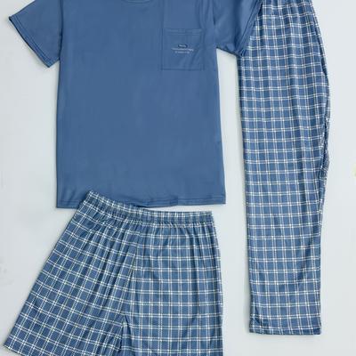 TEMU Spring And Summer 3pcs Men's Pajama Set, Casual Thin Short-sleeved Round Neck T-shirt And Pants, Men's Home Solid Sleep Suit Image