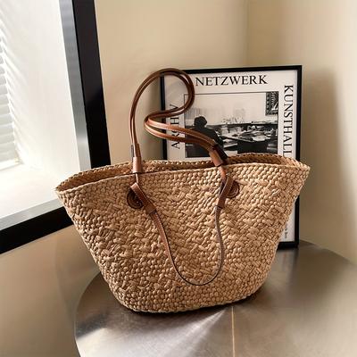TEMU Large Capacity Women’s Woven Straw Tote Bag - Summer Beach Shoulder Basket With Handles, , No-closure Design, Seaside Vacations And Everyday Use, Beach Bag Image