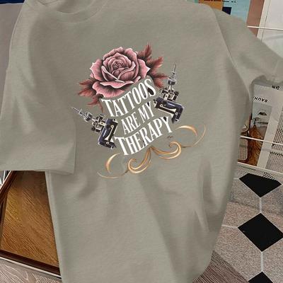 "TEMU Women's Casual Crew Neck T-shirt With "tattoos Are My Therapy" Print, Geometric-patterned Short Sleeve Tee, 100% Polyester Knit Fabric, Stretch, Regular Fit, Summer Wear - 150g/m²" Image