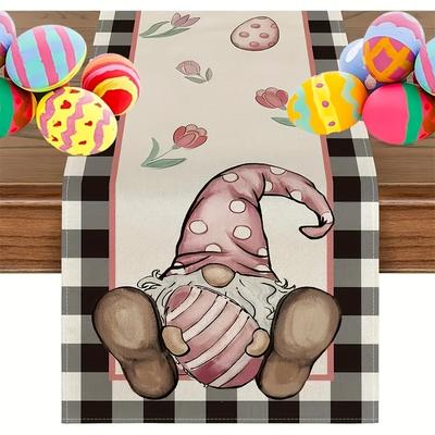 TEMU 1pc Linen Easter Bunny Table Runner - Whimsical Gnome & Checkered , Print, 3 Sizes (13x48/72/108 Inch) For Spring & Easter Kitchen Dining Decor Image