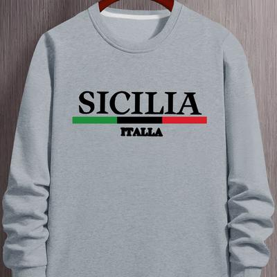 TEMU Sicilia Italia Casual Sweatshirt For Men - Knit Polyester Crew Neck Active Pullover With Stretch, Regular Fit Long Sleeve Sportswear Image