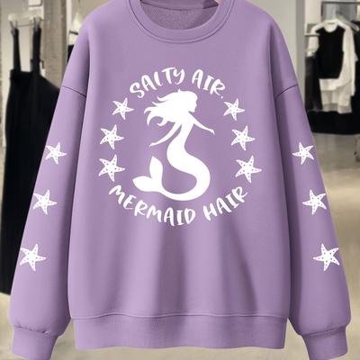 TEMU Plus Size Mermaid Letter Print Sweatshirt, Crew Neck Casual Sweatshirt For Fall & Spring, Women's Plus Size Clothing Image