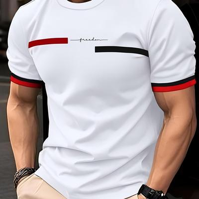 TEMU Men's Summer 3d Stripe Letter Print T-shirt - Hip Hop Harajuku Streetwear Casual O-neck Tee With Stripes, Breathable Regular Fit, Machine Washable, Street , Trendy Casualwear, Shirt Image