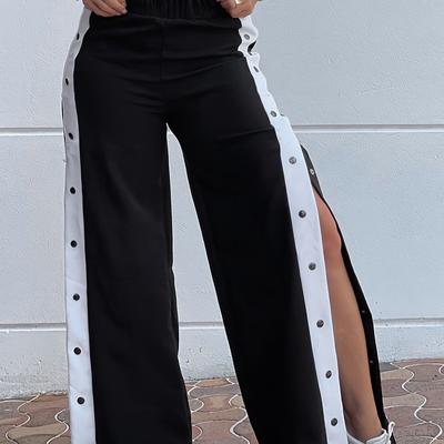 TEMU Women's High-waisted Street Style Casual Pants With Side Button Closure - Black, White & Gray Accents, Comfortable Loose Fit For Casual Attire Image