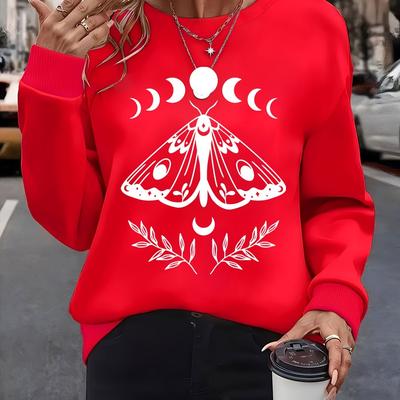 TEMU Moth Sun Print Pullover Sweatshirt, Casual Long Sleeve Crew Neck Sweatshirt For Winter & Fall, Women's Clothing Image