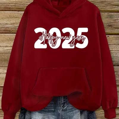 TEMU 1pc 2025 Happy New Year Graphic Hoodie - Casual Polyester Pullover With Pocket, Stretch Knit Fabric, Hooded Sweatshirt For Adults Image
