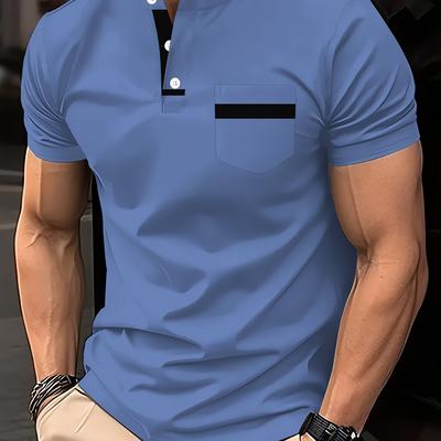TEMU Men's Casual Short Sleeve Shirt - Relaxed Fit Summer Breathable Fabric With Contrast Collar & , Machine Washable For Office & Casual Attire Image