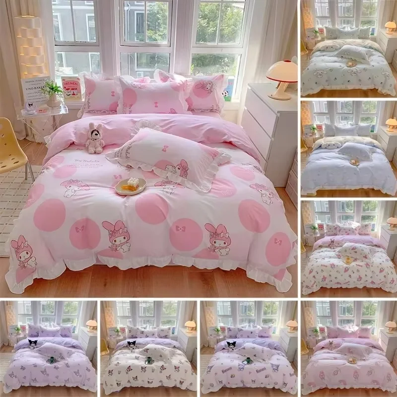 Sanrio Kinder-Bettwäsche-Set Kuromi Cinnamoroll Mymelody Bettbezug, Bettlaken, Kissenbezug, Bettlaken, Doppelbett, Einzelbett, King-Size-Bett, Queen-Size-Bett Image