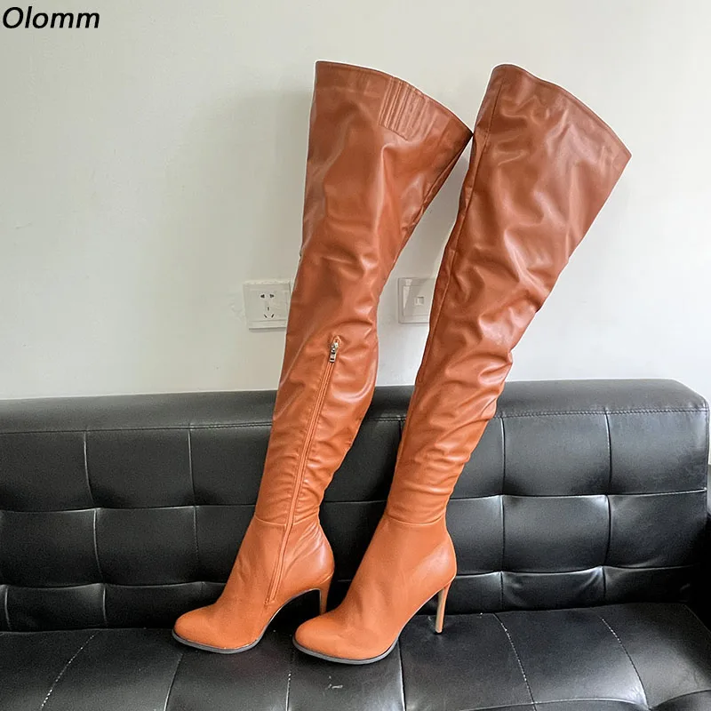 Olomm Handgemachte Frauen Winter Oberschenkel Stiefel Sexy Dünne High Heels Runde Kappe Braun Schwarz Nachtclub Schuhe Damen Plus UNS Größe 5-20