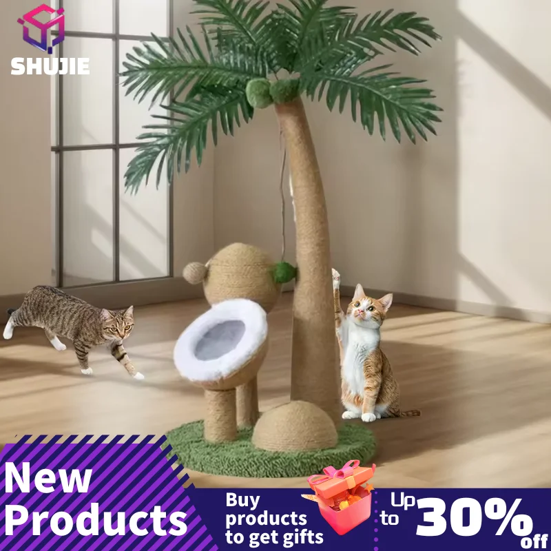 Interaktiver Katzenkratzbaum mit Kokosnussbaum-Krallenkratzer und Natur-Sisalseil für kleine bis mittelgroße Katzen Image