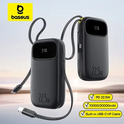 Baseus 22,5 W 10000 mAh 20000 mAh Power Bank Eingebautes einziehbares USB-C- und Lightning-Kabel für iPhone 16 Samsung S25 Xiaomi Poco
