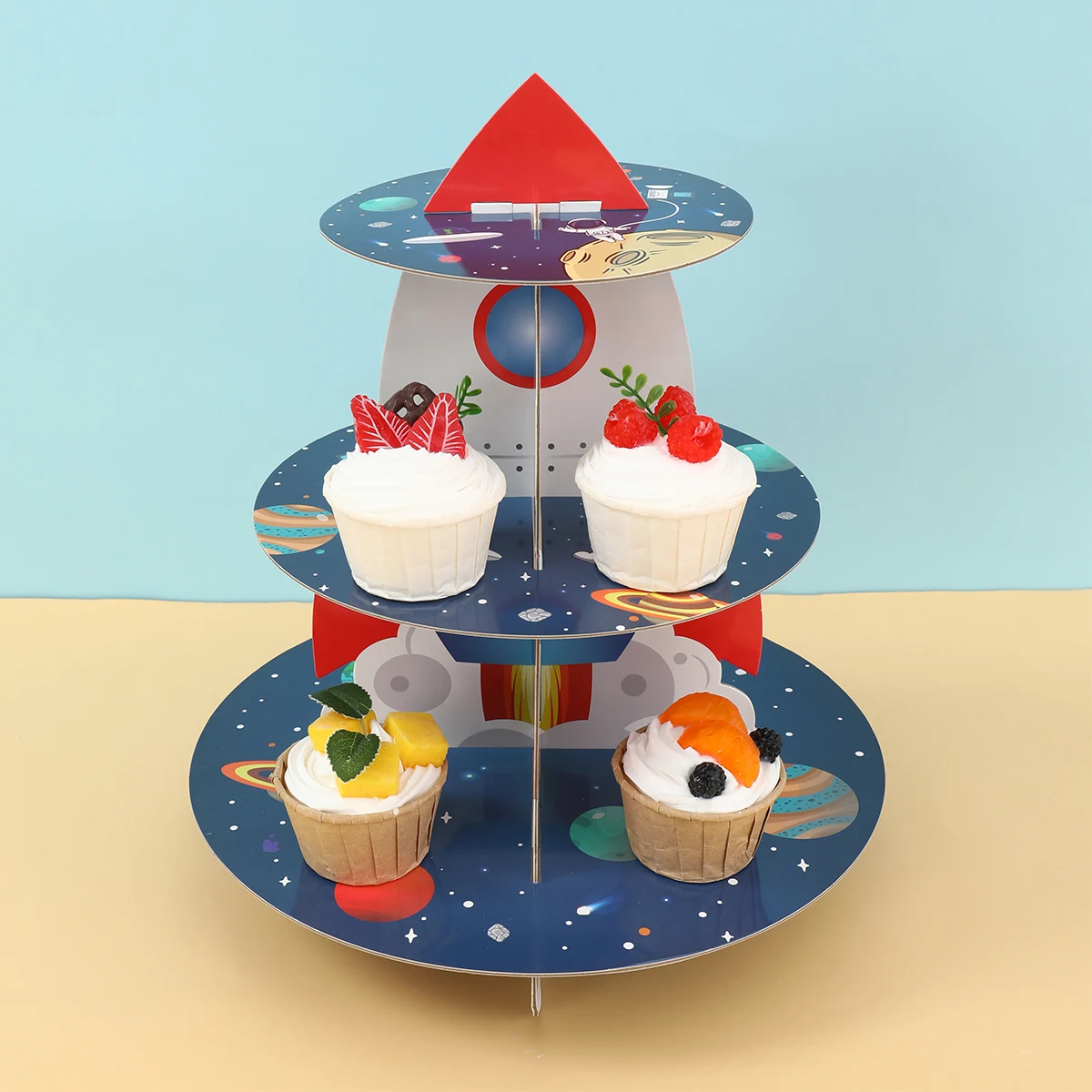 2/3-stufiger Raketen-Astronauten-Kuchenständer, Rakete, Weltraum, Planet, Cupcake-Halter, für Kinder und Jungen, Gastgeschenk, Universum, Geburtstagsparty-Zubehör Image