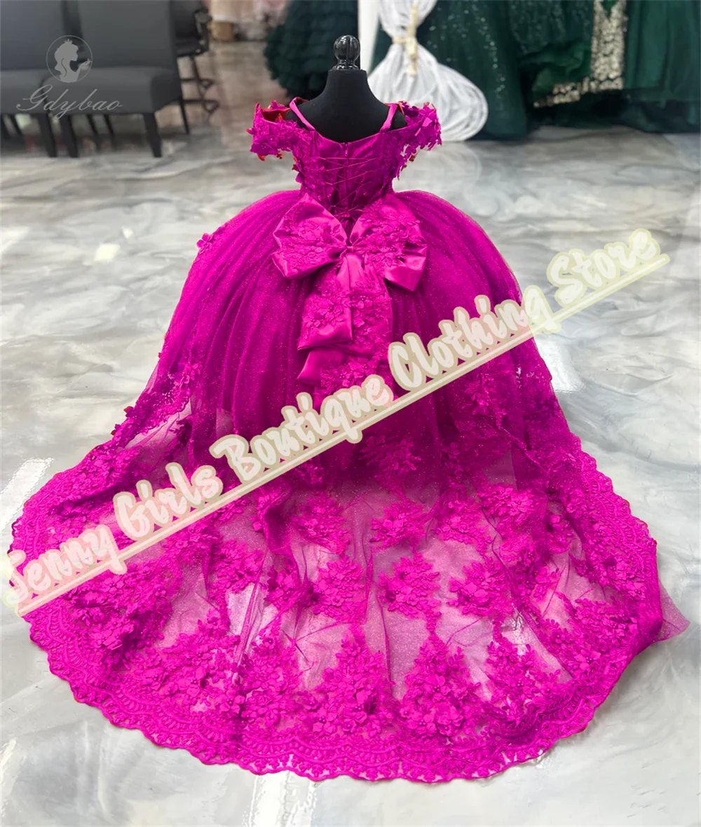 Rosarotes Kinder-Partykleid, flauschiger Spaghettiträger, Schleife für Kinder, Kommunion, Abschlussball, Festzug, Taufe, Wettbewerb, individuell Image