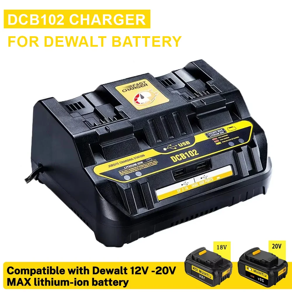 Schnellladung DCB102 Li-Ionen-Akku-Ladegerät für DeWalt 12 V 14,4 V 18 V 20 V DCB105 DCB200 doppelte Ladeposition mit USB-Anschluss neu Image
