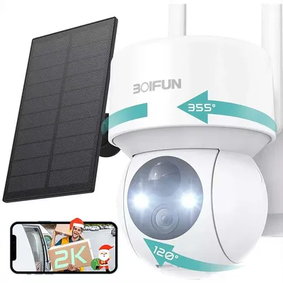 BOIFUN 2K WiFi-Wireless Outdoor Home Security Camera with Solar Panel, Two-Way Audio, Night Vision , 14400mAh Internal Battery