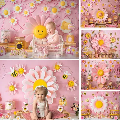 Daisy Girl 1st Birthday Cake Smash Background Photography for Studio Bee Honey Pink Photozone