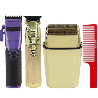 BaByliss Pro FX870 PI BOOST+ Frank Da Barber Cordless Clipper - Purple + FXFS2G Double Foil Shaver + Trimmer FX787NG + Comb
