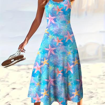 TEMU Plus Size Women's Casual Vacation Dress - Starfish Print Sleeveless Round Neck, Fitted Top & Flared Skirt, Breathable Summer Beachwear, Hand Wash Only, Beach Dresses, Apparel, Relaxed Fit Attire Image