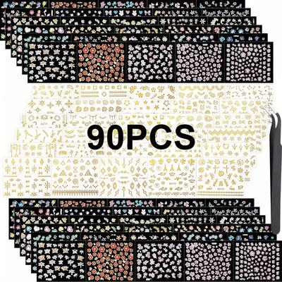 TEMU 90 Sheets Mixed Spring Flower Nail Art Stickers - Y2k 3d Self-adhesive Geometric Floral Moon Nail Decals - Diy Manicure, Trendy Nail Decoration For Women And S,come With 1pc Tweezer Image