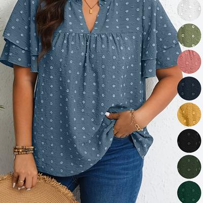 TEMU Plus Size Women's Casual V-neck Blouse With Short Sleeves - Lightweight Machine-washable Shirt For Spring Summer Fall, Solid Color Tops In 15+ Colors, Seasonal Fashion, Top, Nontransparent Fabric Image