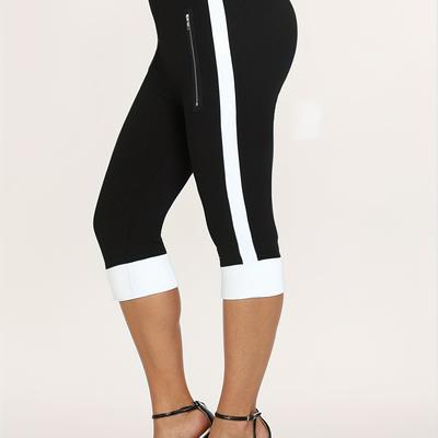 TEMU Women's Slim-fit Casual Color-block Mid-calf Leggings - Black With White Side Stripes, Breathable Stretch Fabric, Machine Washable For Spring/summer Workout & Casual Attire, Side Stripe Detail, Image