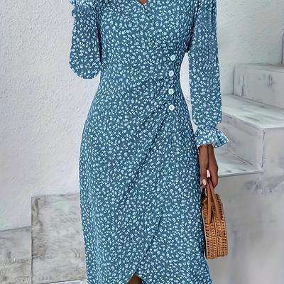 TEMU Women's Casual V-neck Long Sleeve Floral Print Dress With Button Front - Flowers, Fitted Top & Flowy Hem, Machine Washable Autumn Dress For Casual , Cute Dress, Nonyellow Fabric Image