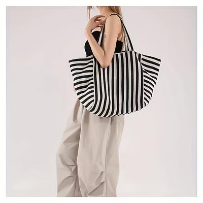 TEMU Women's Large Capacity Striped Tote Bag - Open & Travel Bag With Fixed Shoulder Straps, Black & White For Casual , Shopping, And , Beach Tote Bag, Spacious Interior Image