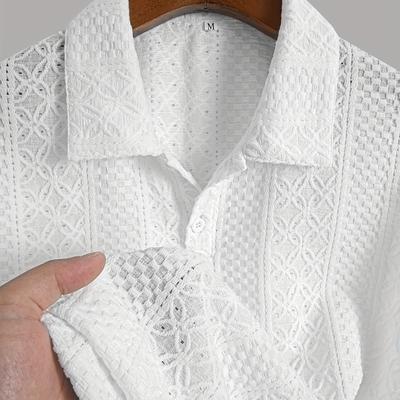 TEMU 1pc Striped Knit Shirt For Men - Breathable Short Sleeve With Lace-like Cut-out Detail, Lightweight Casual Top, Hand Wash Only, Warm Weather Top, Textured Pattern, Delicate , , Stylish Men Image