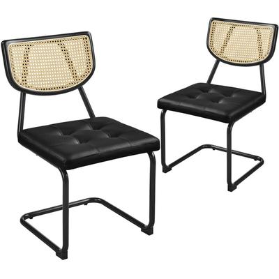 Küchenstuhl 2er Set Esszimmerstühle Rückenlehne aus Rattan Schwingstuhl aus Kunstleder Polsterstuhl Image