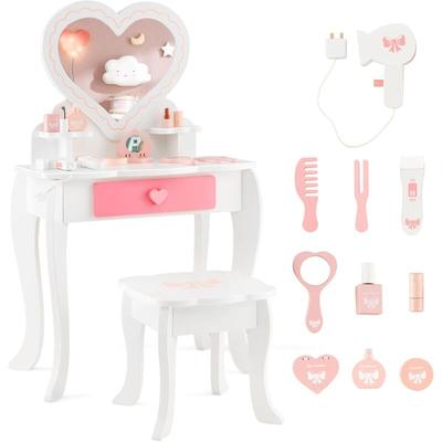 Kinder Schminktisch Set, 2-in-1-Frisiertisch mit herzförmigem Spiegel, Hocker, Schublade & Zubehör, Image
