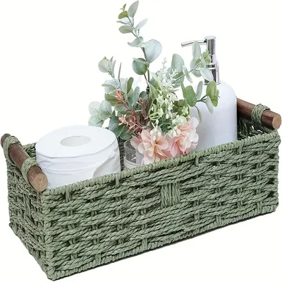 Green Wicker Basket with Handle - Multipurpose Storage for Toilet Paper, Countertop, Shelf Organizer, Home Decor