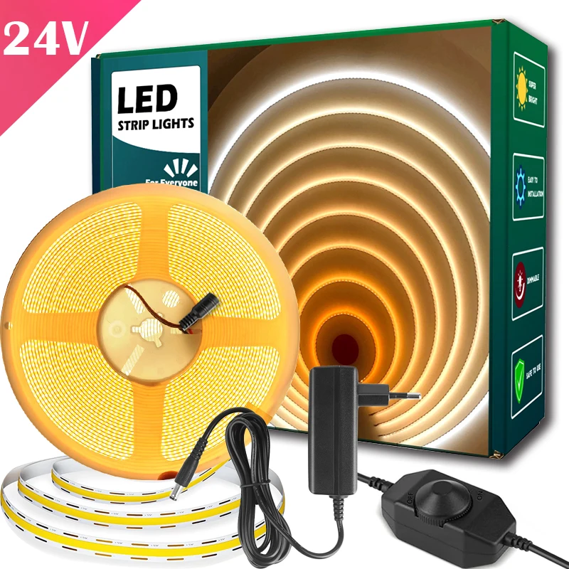 COB-LED-Streifenlichter mit Netzteil, 24 V LED-Bandlicht mit Dimmer, flexibles COB-LED-Bandlicht, weißes warmweißes LED-Licht