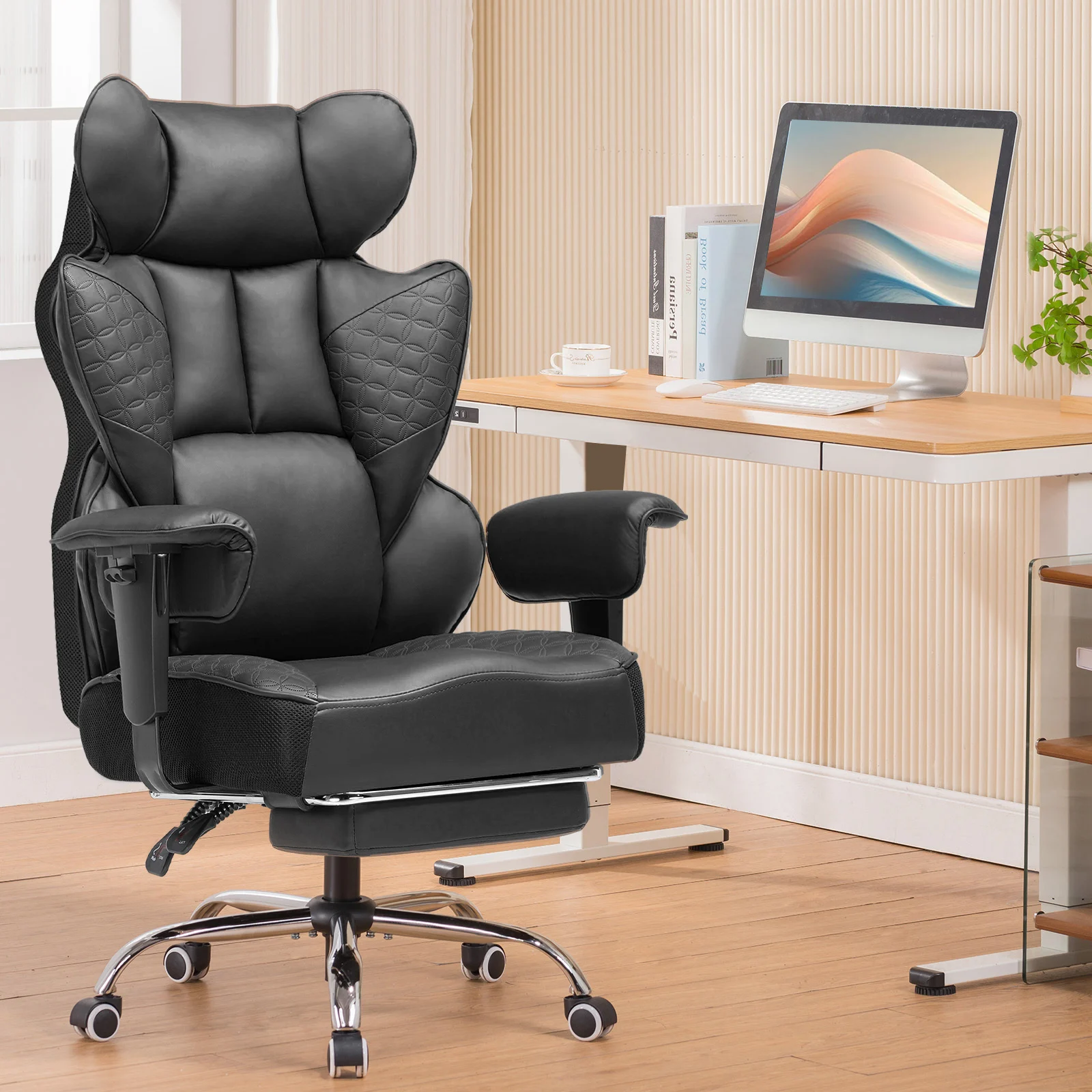 COMHOMA Gaming Stuhl, ergonomischer Bürostuhl, Schreibtischstuhl mit verstellbare Armlehnen, Taschenfederkern-Lendenwirbelstütze